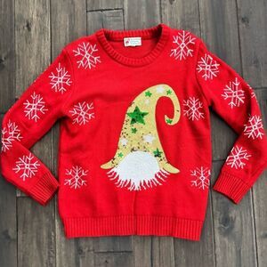 Poof! Red White Snowflake And Gold Sequin Gnome Christmas Sweater L